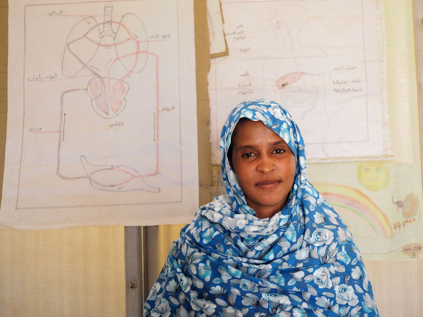 Refugee Teacher And Former Chemical Engineer Fatima In Front Of Paintings Of Human Anatomy In Al Tadamoun Primary School, Farchana Refugee Site