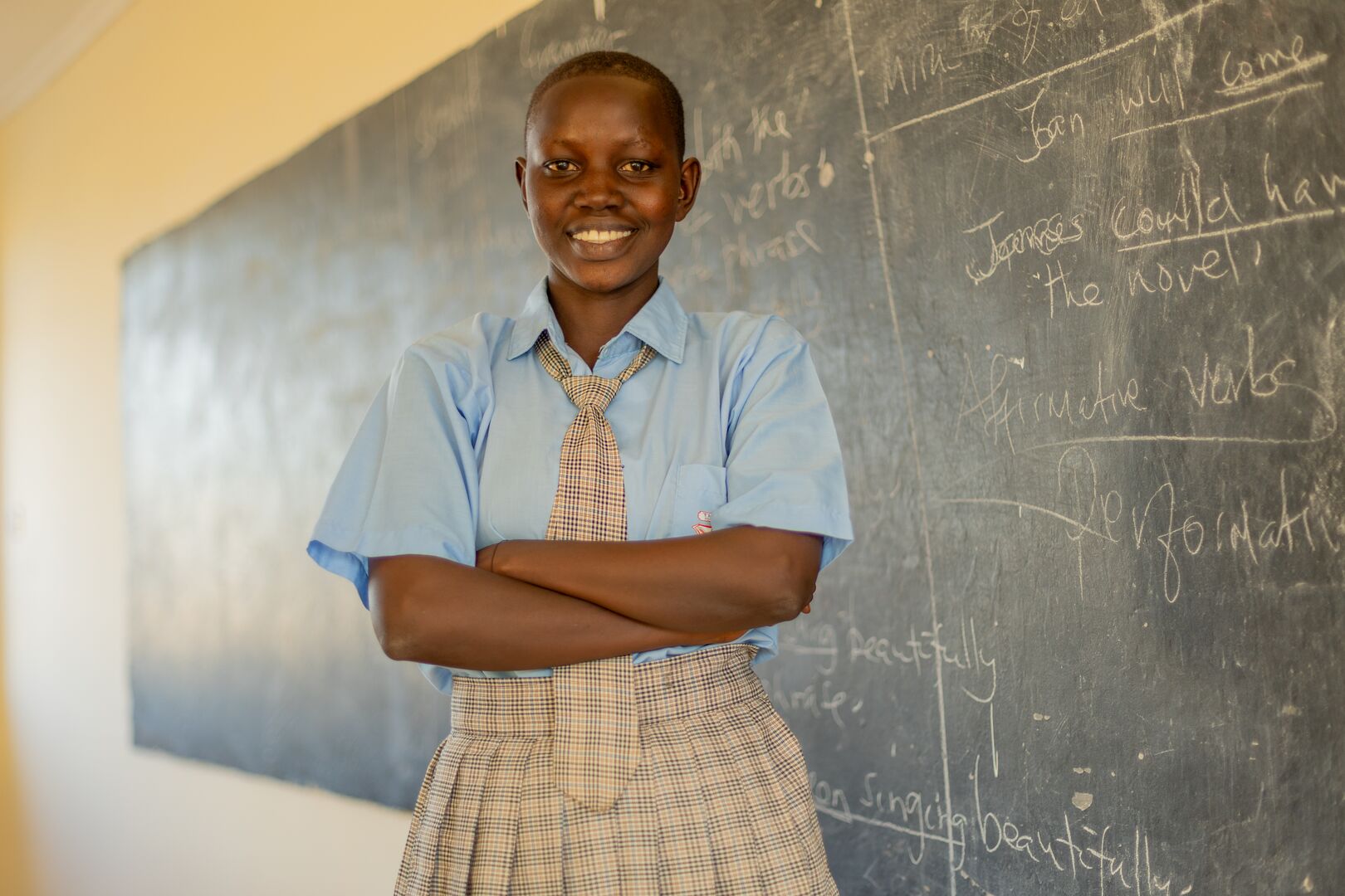 Refugee student Tololinda attends class at a UNHCR-supported school in Kalobeyei settlement, Kenya.