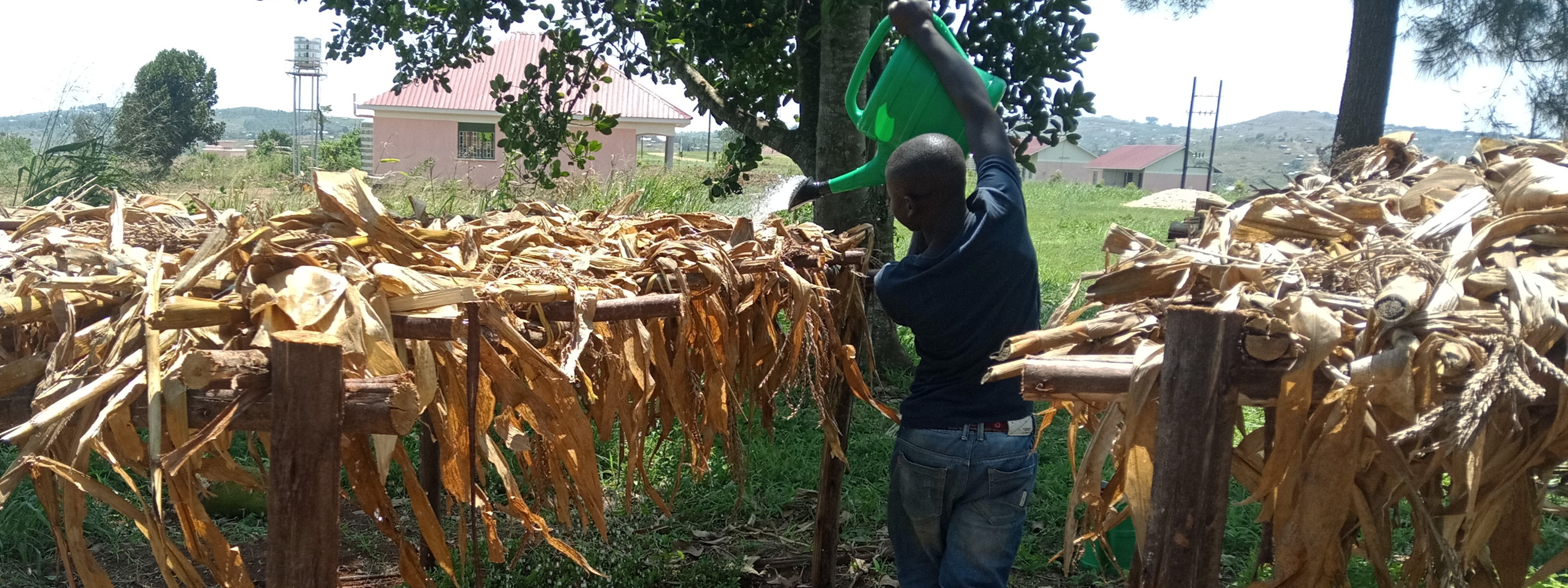 Manishimwe Shalom watering his vegetable nursery bed at the vocational training centre in Kyaka II