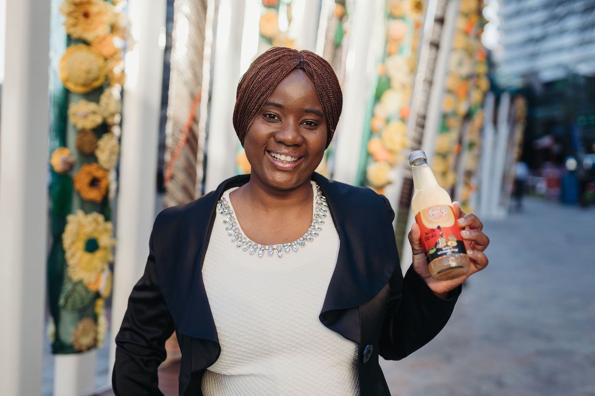Yarrie Bangura holds her product, Aunty’s Ginger Tonic